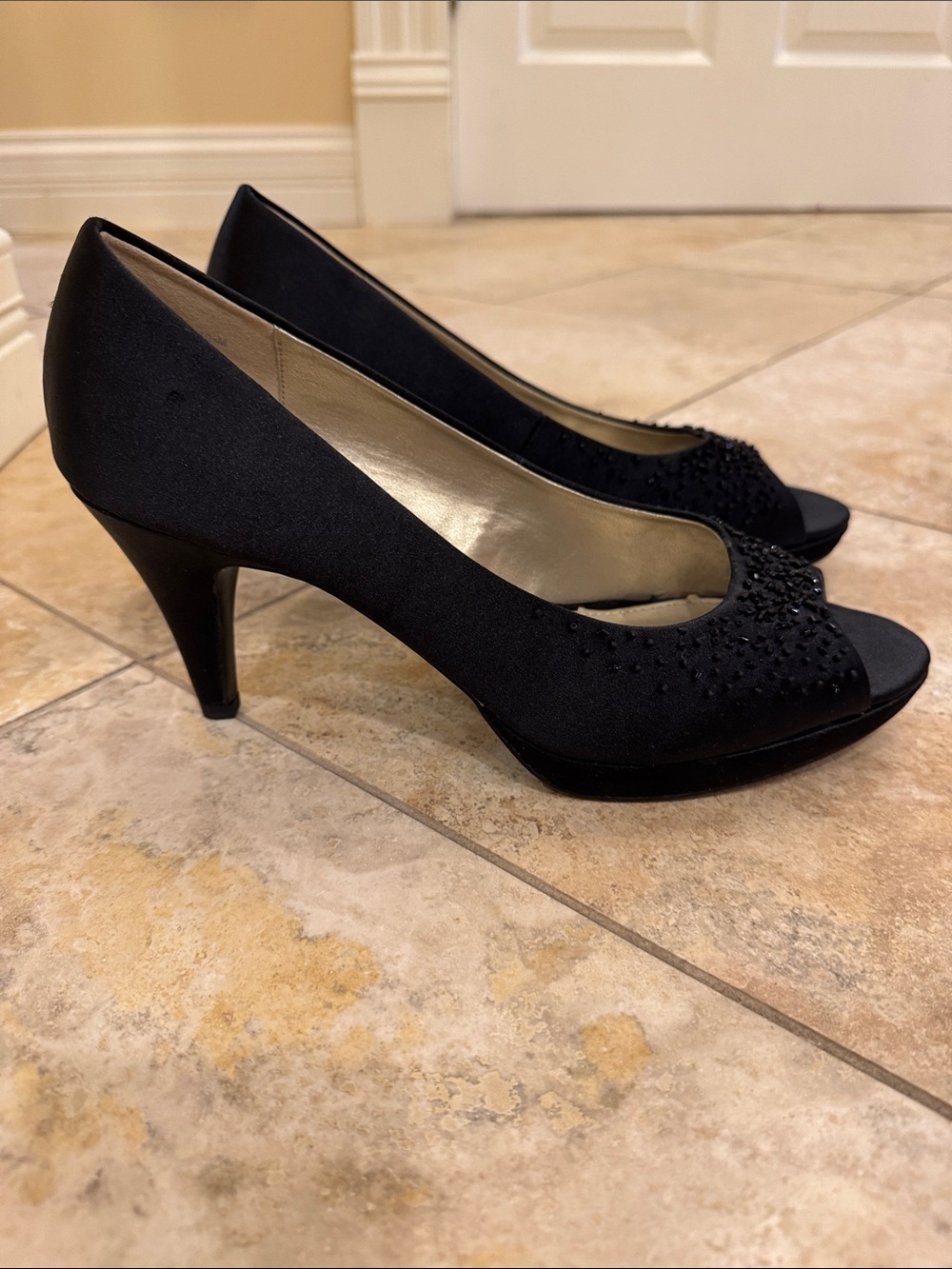 Women's Bandolino Black Peep-Toe Dress Heels with Embellishments